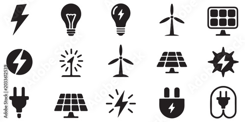Cuadro en lienzo Electrical power icons set for renewable energy source including wind generator solar cells lighting bolt and lightbulbs with professional design