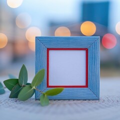 Small square blue fabric frame with red border and eucalyptus sprig