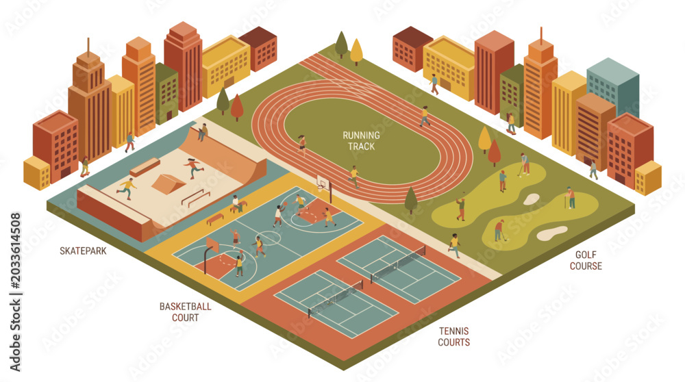 Fototapeta premium Isometric urban sports park with athletes and office workers exercising on various courts surrounded by city buildings, perfect for corporate wellness, sports marketing and web design