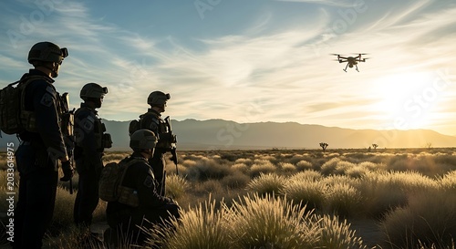 Soldiers and a drone in a desert landscape during sunset