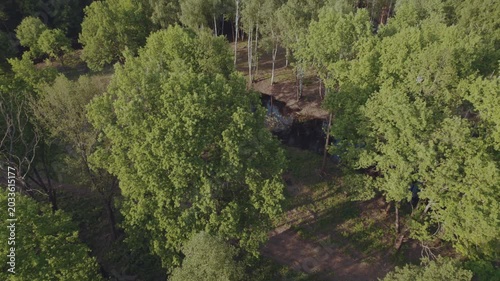 Aerial survey of forest by the river, flooded forest, forest at sunset