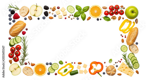 Colorful fruit and vegetable wreath border on transparent background