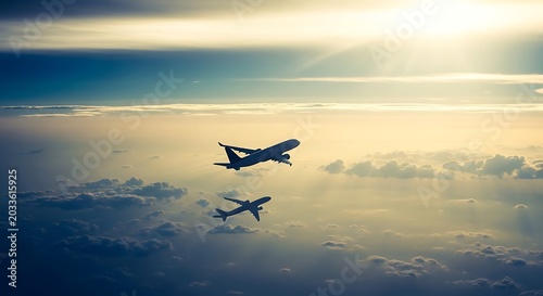 Two airplanes flying through the clouds during sunset