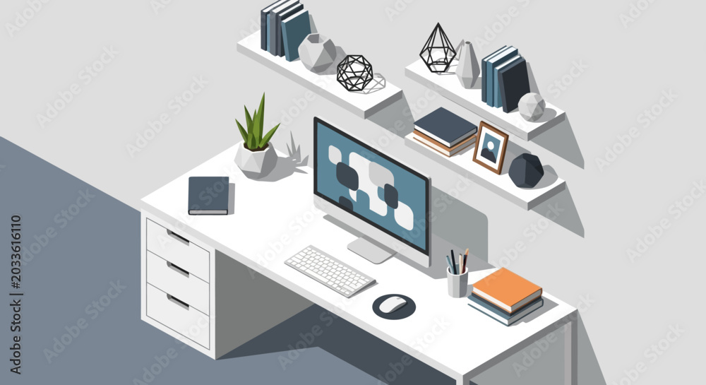 Fototapeta premium An isometric vector representation of a modern home office desk setup with a computer, books, and decorative items on shelves above