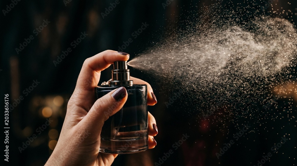 Fototapeta premium Person spraying perfume fragrance into the air from a bottle
