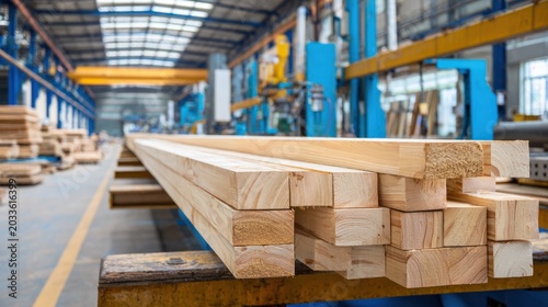 Wooden beams on the production line in a manufacturing facility, showcasing industrial woodworking process and material handling