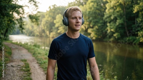 Blond Man Listening to Music Outdoors Near Lake