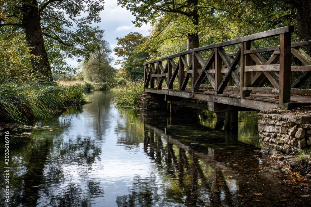 Fototapeta premium Rustic wooden footbridge over a tranquil stream in a forest