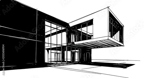 Minimalist black and white architectural sketch of modern house