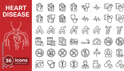 Bild auf Leinwand Heart disease web icons in line style