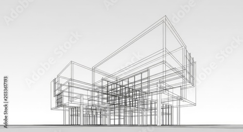 Modern architectural building wireframe sketch on a white background
