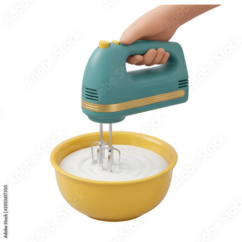Hand mixing cream with electric mixer in yellow bowl