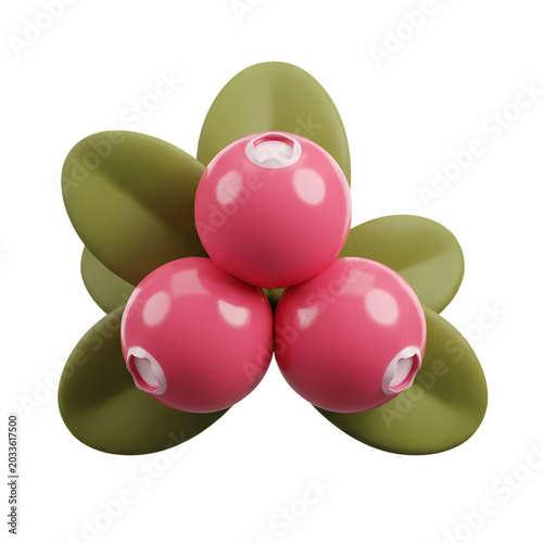 Stylized 3D Rendering of Three Pink Berries with Green Leaves