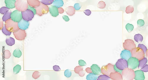 Pastel watercolor floral frame with gold accents and copy space