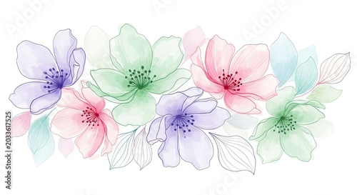 Pastel watercolor flowers floral border on white background