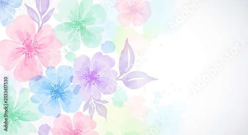 Pastel watercolor flowers on white background with copy space