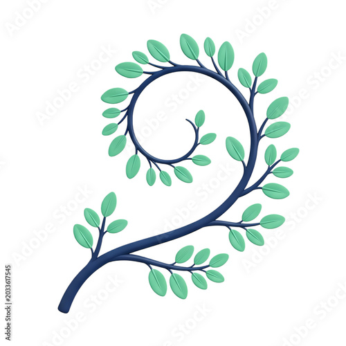 Stylized Blue Branch with Green Leaves