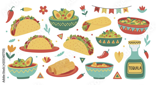 Vibrant Mexican Food Feast with Tacos Burritos Guacamole and Tequila.