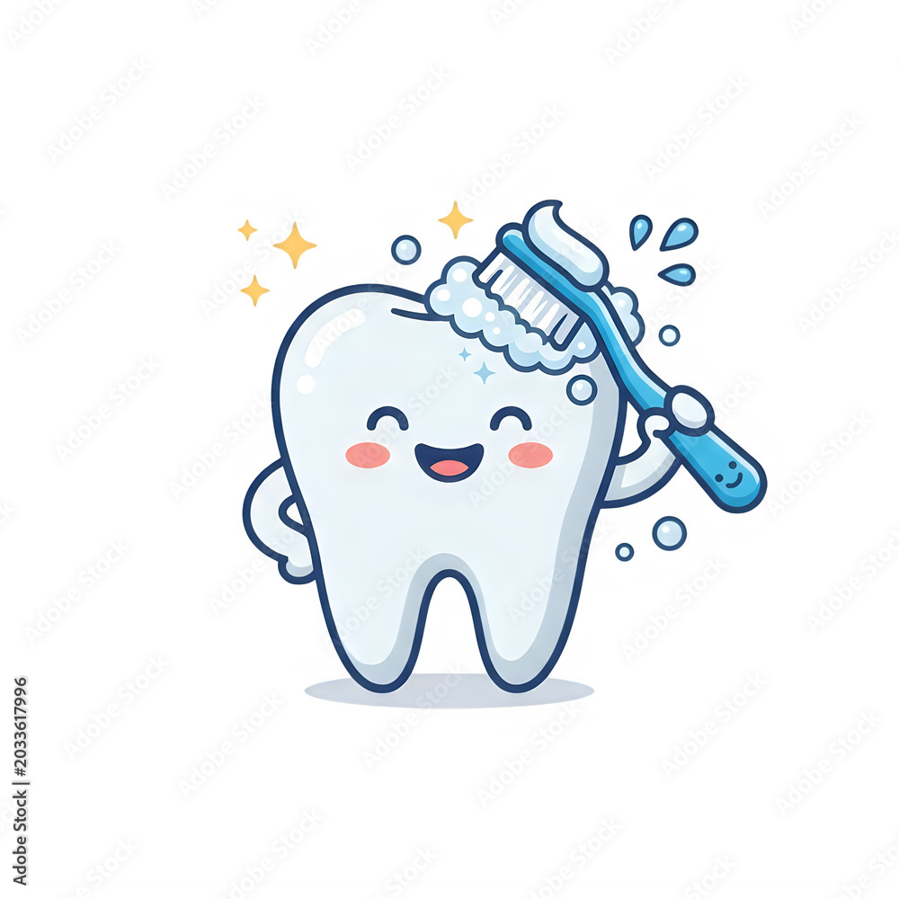 Fototapeta premium Smiling cartoon toothbrush cleaning a happy cartoon tooth isolated on transparent background