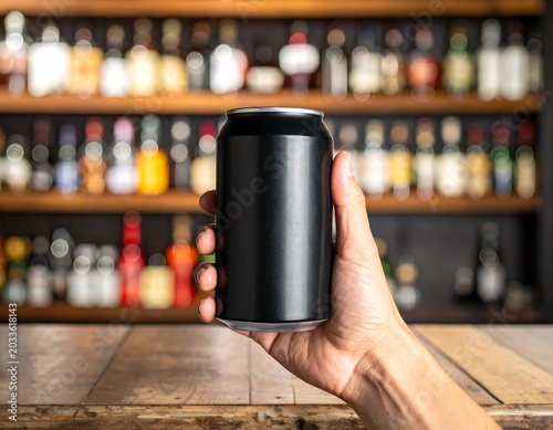 Hand Holding Black Aluminum Drink Can in Blurred Bar Interior