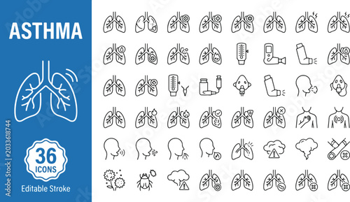 Foto Asthma and respiratory health web icons in line style