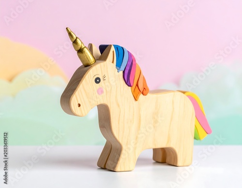 Colorful Wooden Unicorn Toy Standing on White Surface with Pastel Background