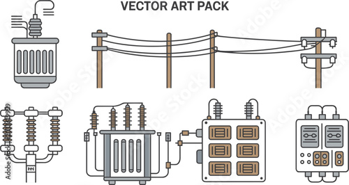 Vector Art Pack of Electrical Power Transmission and Distribution Equipment Keywords: electrical, power, transmission, distribution, transformer, insulator, pole, wire