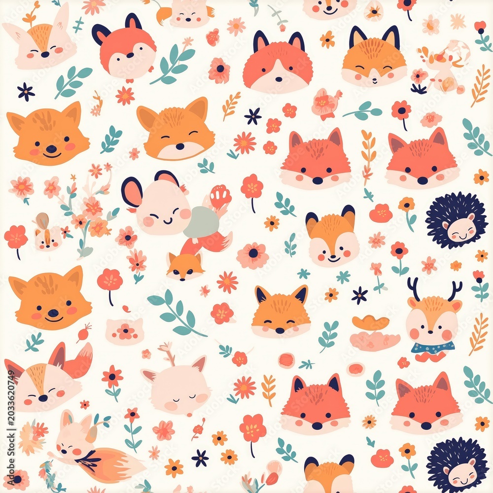 Fototapeta premium A cute seamless pattern featuring various illustrated fox faces, flowers, leaves, and small animals in soft, warm colors on a white background.