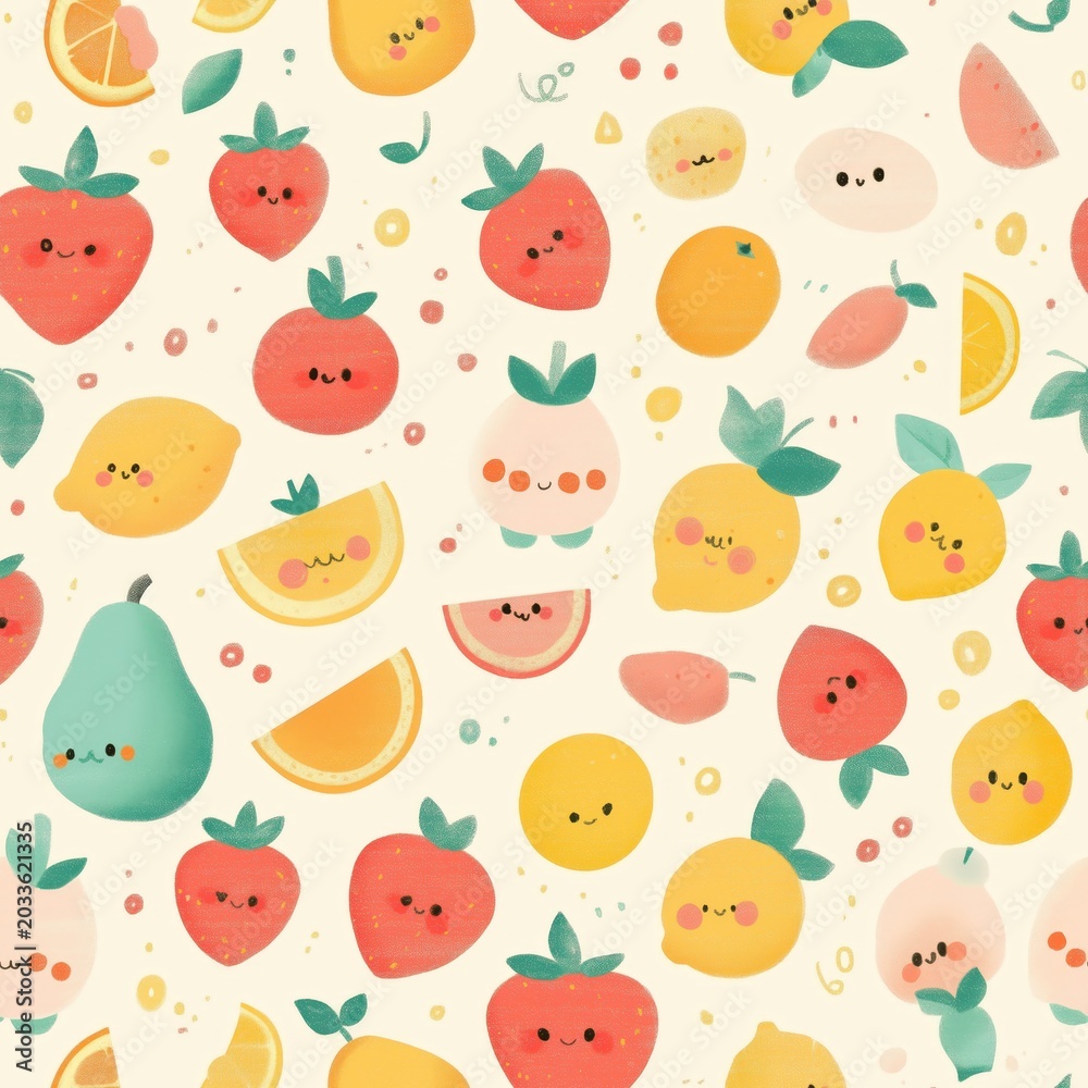 Fototapeta premium Cute seamless pattern of smiling colorful fruit illustrations with leaves on a light background.