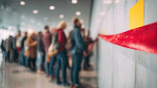 Blurred background of people waiting in line at an airport terminal, showing diverse travelers with luggage and casual attire, in a modern indoor setting