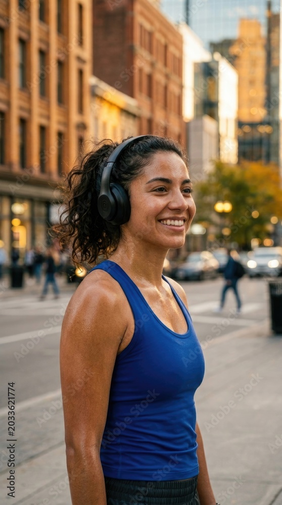 Fototapeta premium Happy Woman Wearing Headphones in Urban Environment