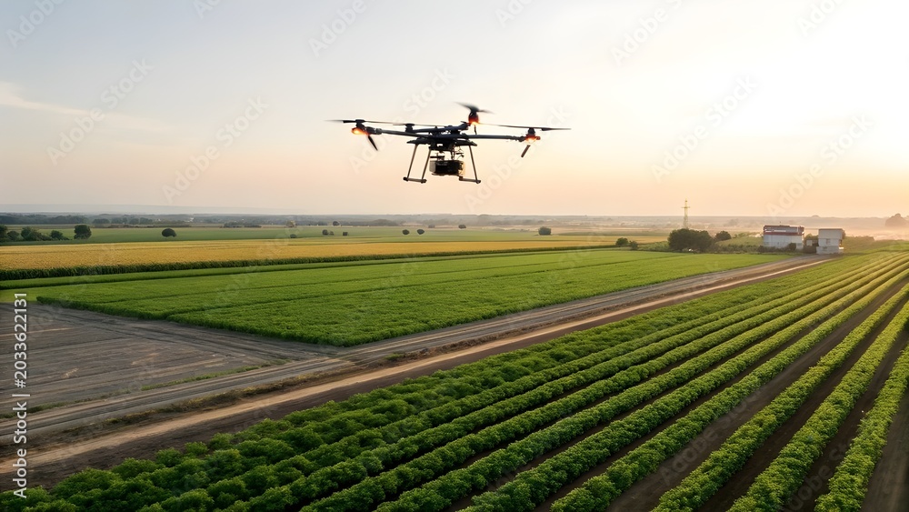 Fototapeta premium High Tech Drone Flying Over A Modern Automated Farm Showcasing Precision Agriculture Innovation And Sustainable Farming Technology In Action