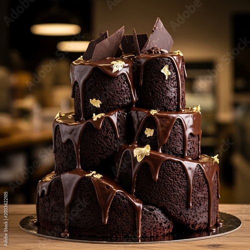 Delicious chocolate cake with gold decorations.