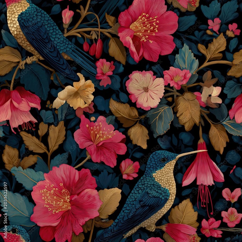Fototapeta premium A detailed illustration featuring vibrant hummingbirds surrounded by blooming flowers and intricate foliage in deep, rich colors.