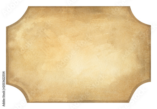 Watercolor vintage label template with old paper texture and decorative frame. Isolated on white background. Template for product packaging, craft branding, labels, invitations, scrapbooking.