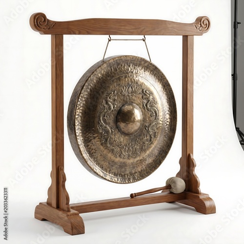 Ornate bronze gong, a traditional percussion instrument, elegantly suspended on a decorative wooden stand, ready for resonant cultural music or meditative practices