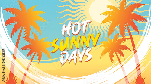 Vibrant Summer Beach Holiday with Palm Trees and Sunny Sky Illustration