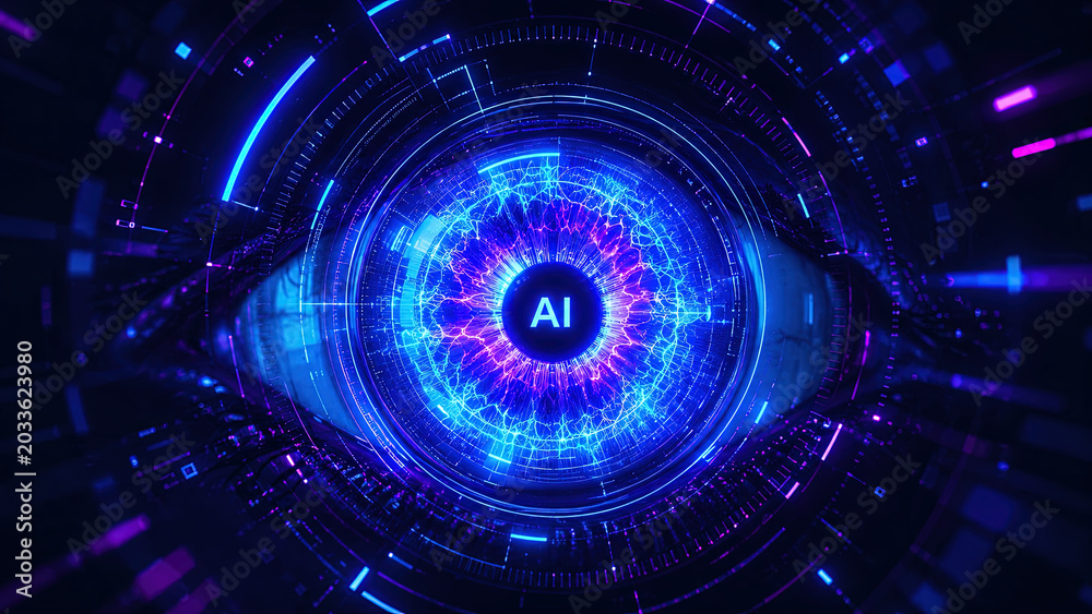 Fototapeta premium Artificial intelligence cybernetic eye futuristic interface digital iris biometric scan neural network cyber security data technology blue neon