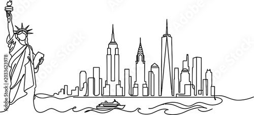 Continuous line drawing of New York City skyline with Statue of Liberty.
