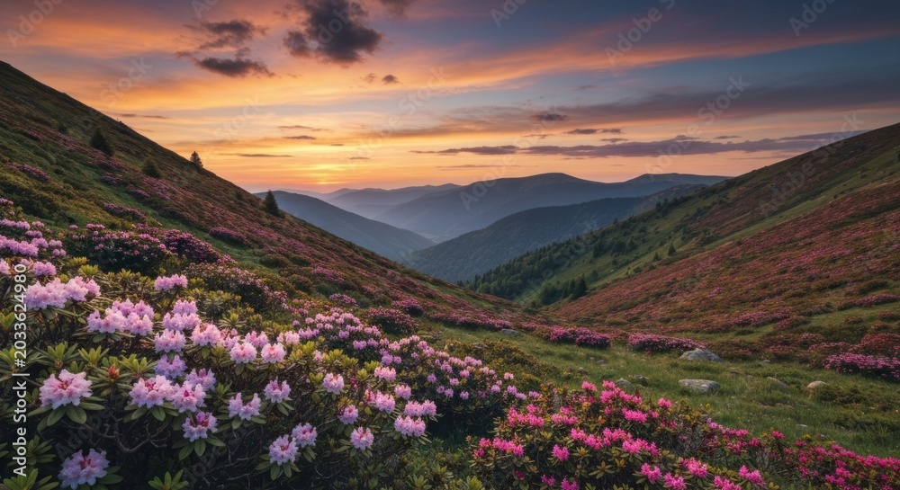 Obraz premium Sunset over a valley of pink flowers on slopes. Distant mountains & vibrant sky