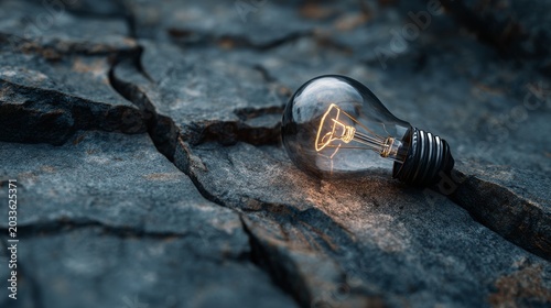 33.Single illuminated light bulb resting on cracked rock formation, symbol of innovation and hope, soft ambient glow lighting surrounding stone texture, moody dark background, cinematic shadows,