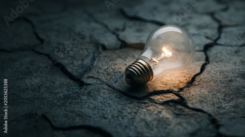 33.Single illuminated light bulb resting on cracked rock formation, symbol of innovation and hope, soft ambient glow lighting surrounding stone texture, moody dark background, cinematic shadows,
