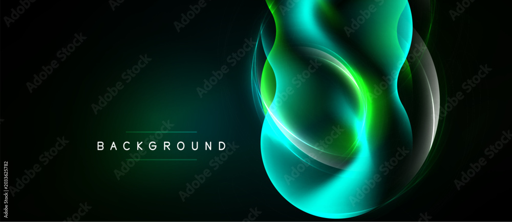 Naklejka premium Dark background features vibrant green, teal flowing shapes. Abstract design evokes energy, movement, modern aesthetic. Minimalist style.