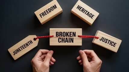 Wooden blocks with juneteenth, freedom, heritage, justice, and broken chain text