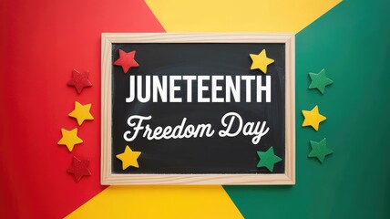 Juneteenth freedom day text on a blackboard with red, yellow, and green stars