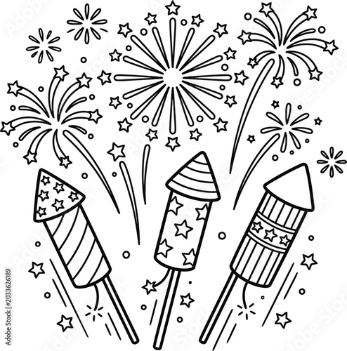 Black and white line art illustration of fireworks and rocket launchers.
