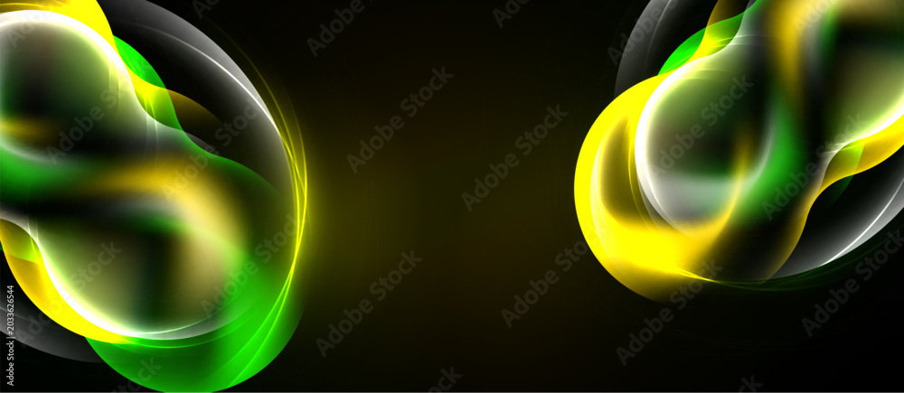 Naklejka premium Abstract swirls, vibrant green, yellow hues dominate black background. Dynamic shapes suggest energy, movement, modern design elements.