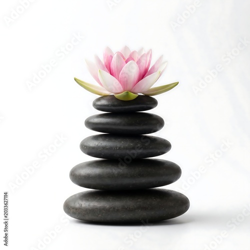 Zen balance with perfectly stacked dark stones topped by a vibrant pink lotus flower, evoking serenity and peaceful harmony for meditation and spa wellness concepts