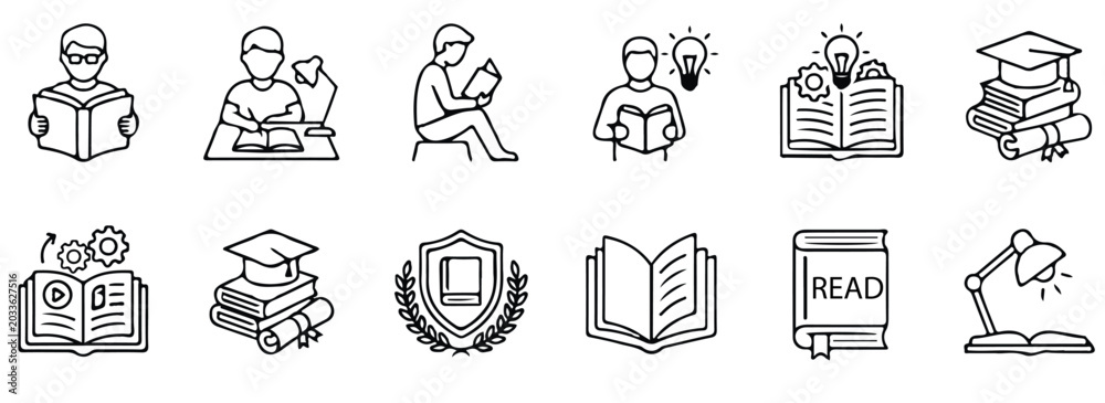 Fototapeta premium Knowledge Icon Vector Set – Inspiration, Creative Idea, Reading, Learning, Book Flat Icon for Education Apps & Websites