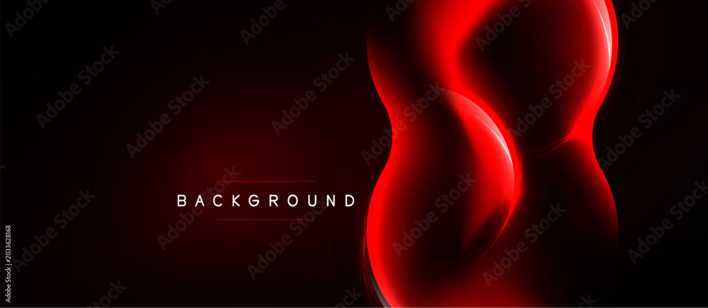 Naklejka premium Dark background features flowing red shapes. Modern design with glowing lines creates dynamic visual effect. Minimalist aesthetic.
